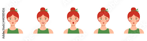 Set of female emotions. Expression of the face. Girl s avatar. Basic emotions. Woman with pink hair and bun hairstyle.Vector illustration flat cartoon style. A calm cheerful sad angry surprised woman.