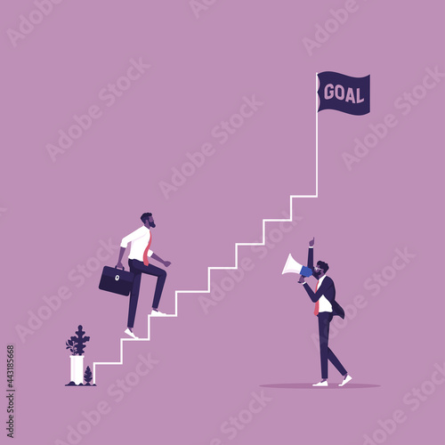 Consultant or Coaching give a motivation to growth concept, Coaching - Achieve your business goals at work, Businessman in career promotion with stairs