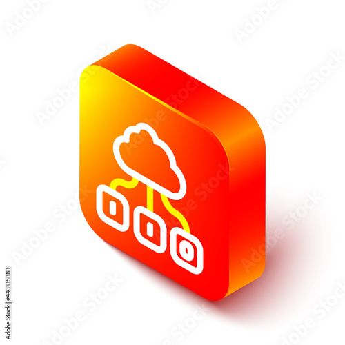 Isometric line Cloud technology data transfer and storage icon isolated on white background. Orange square button. Vector