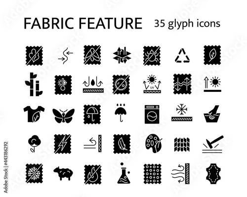 Material properties glyph icons set. Fiber diversity. Uv protection, fireproof fiber. Organic cotton, wool
