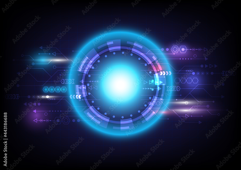 Speed arrows. Futuristic Sci-Fi glowing HUD circle and sphere. Light effect. Abstract hi-tech background. Head-up display interface. Virtual reality technology innovation screen. Digital business
