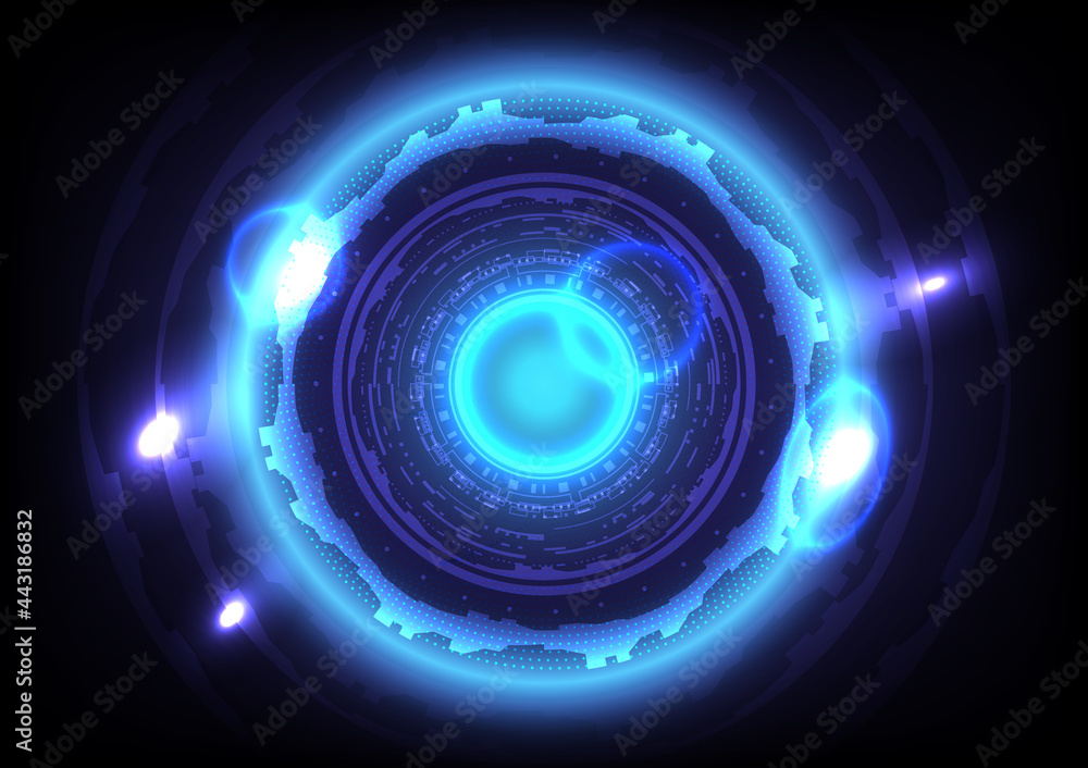 Futuristic Sci-Fi glowing HUD circle and sphere. Abstract hi-tech background. Virtual reality technology innovation. Head-up display interface. Digital business. Light effect Futuristic Sci-Fi glowing HUD circle and sphere. Abstract hi-tech background. Virtual reality technology innovation. Head-up display interface. Digital business. Light effect