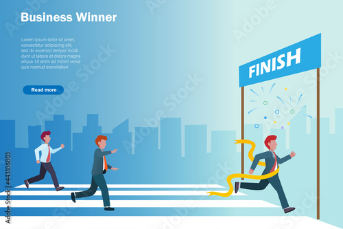Successful business winner and rivals. Businessman run crossing to finish line in business competition with first prize ribbon celebrating.