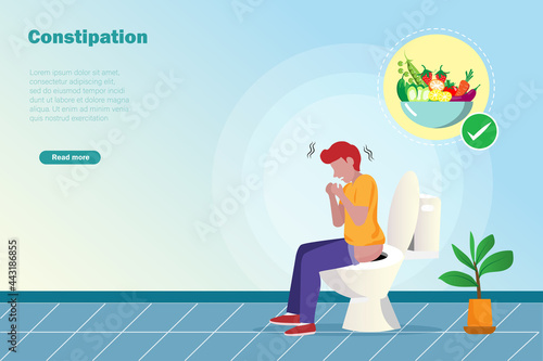 Man sitting at toilet suffering from constipation with health suggestion to eat more fiber fruits. Medial and healthcare concept.