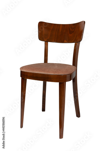 Brown wooden chair with plain brown fabric upholstery. Half-turn view. Isolated on white background.