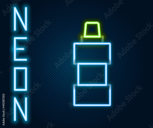 Glowing neon line Plastic bottle for laundry detergent, bleach, dishwashing liquid or another cleaning agent icon isolated on black background. Colorful outline concept. Vector