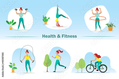 woman in activities set, dumbbell, yoga, hula hooping, jumping rope, jogging and biking. Leisure and recreation activities in isolated scenes.