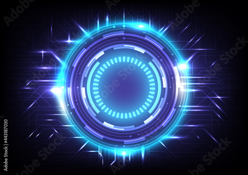 Abstract hologram hi-tech background. Virtual reality technology innovation. Head-up display interface. Futuristic Sci-Fi glowing HUD circle. Digital infographic business. Neon effect on circuit board