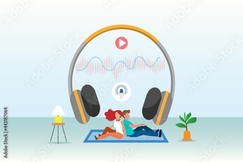 Couple online listening to music, live streaming audio in headphone devices with sound wave.