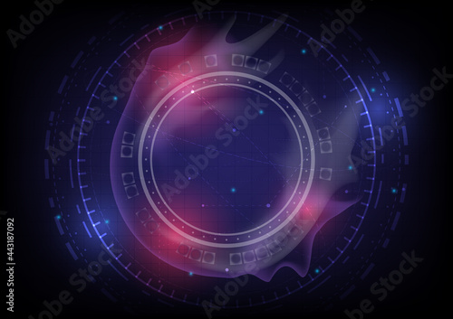 Abstract hi-tech background. Virtual reality high technology innovation. Head-up display interface. Futuristic Sci-Fi glowing HUD circle with smoke of burn. Digital business