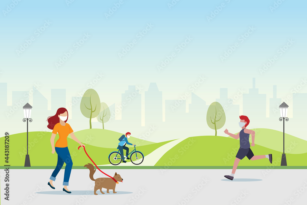 Fototapeta premium People jogging, biking, and taking dog for walk in public park, wearing face mask to protect from Covid-19 pandemic. People safety healthy lifetyle, new normal and social distancing during pandemic.