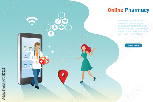 Pharmacist from smartphone delivery medicine box and give consultation to customer. Online shopping, smart logistic service on digital device in medical and healthcare concept.