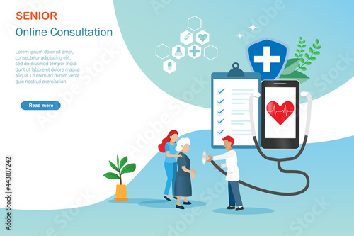 Online doctor consultaion, medical health insurance  for senior elderly concept. Doctor use  stethoscope from smart phone check patient heart cardiology with insurance policy and shield guard.