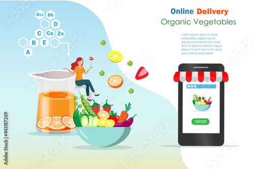 Woman online order fruit and vegetable foods and orange juice on delivery service via smart phone . Idea for healthy fresh foods and online delivery direct to your home.