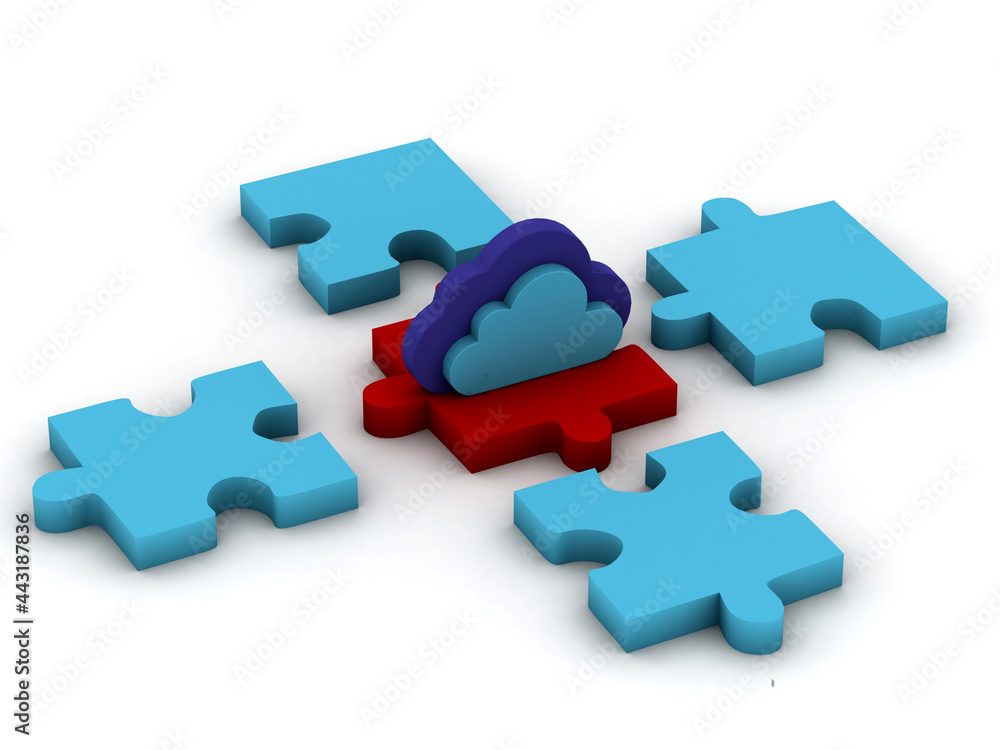 Cloud computing devices, 3d render puzzle and cloud Cloud computing devices, 3d render puzzle and cloud