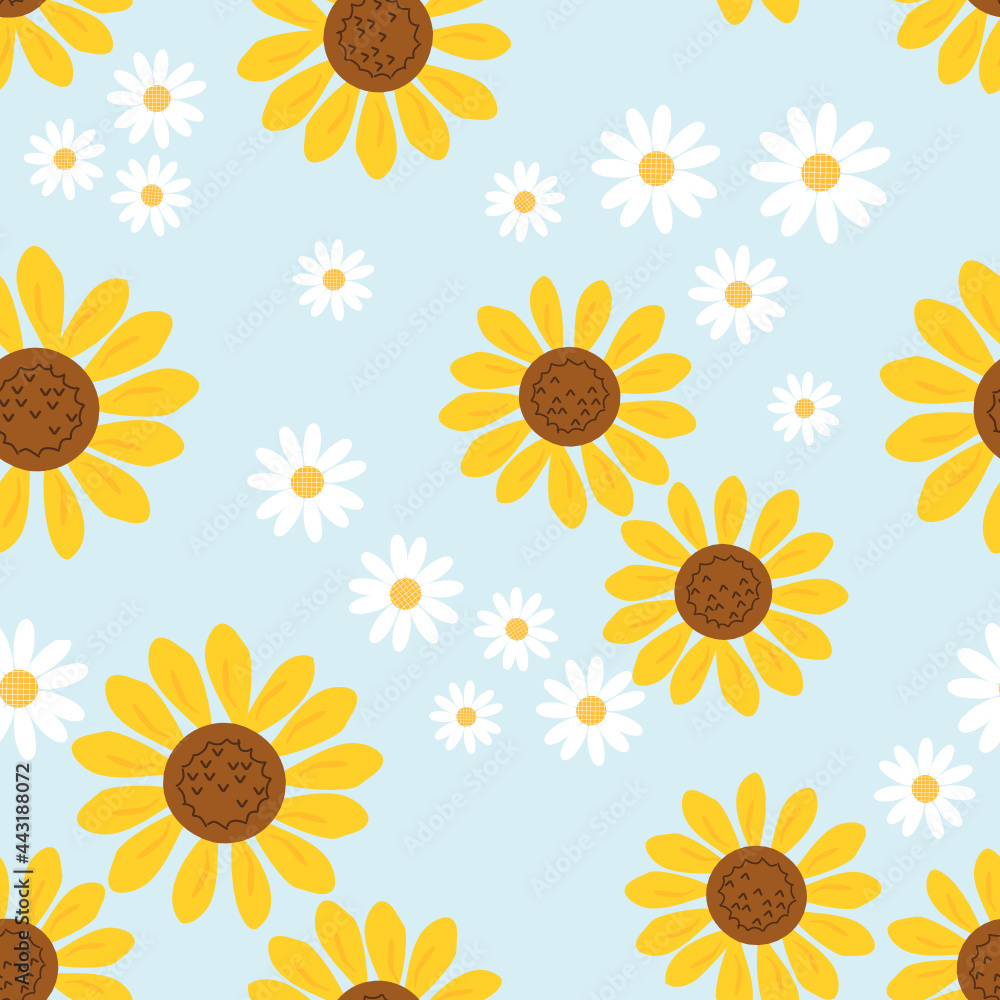 Seamless pattern with sunflower and daisy flower on blue background vector illustration. Cute floral print. Seamless pattern with sunflower and daisy flower on blue background vector illustration. Cute floral print.