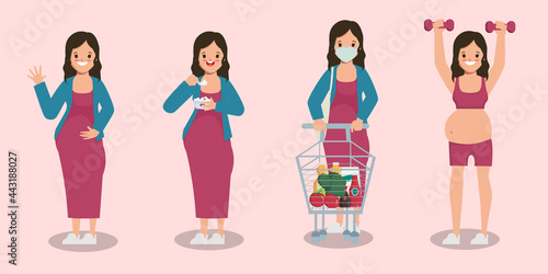Young woman pregnant character difference pose Animation cartoon flat design.