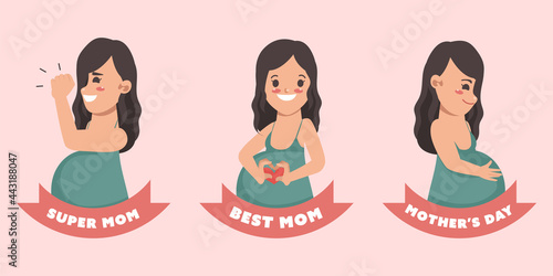 Hand drawn mother's day labels with pregnant character.