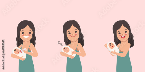 Happy mothers day character hand drawn cartoon. Mother feeding baby pose set.