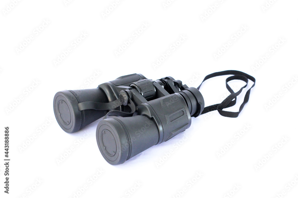 black binoculars with a white background