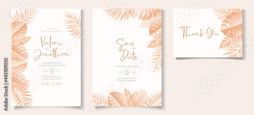 Wedding invitation card template with tropical leaf design