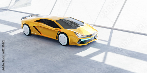 Closeup non-existent brand-less generic concept yellow sport car