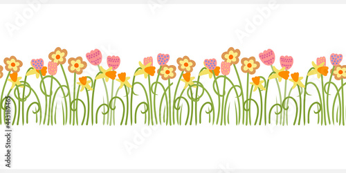 Boho flower seamless border isolated on white. Cartoon vector stock illustration. EPS 10