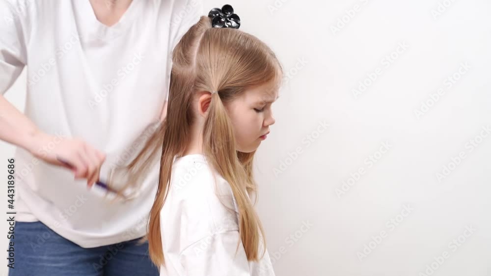 Mom combs her daughter's long blonde hair before the haircut. on a white background. care and cosmetics for children's hair. Mom combs her daughter's long blonde hair before the haircut. on a white background. care and cosmetics for children's hair.