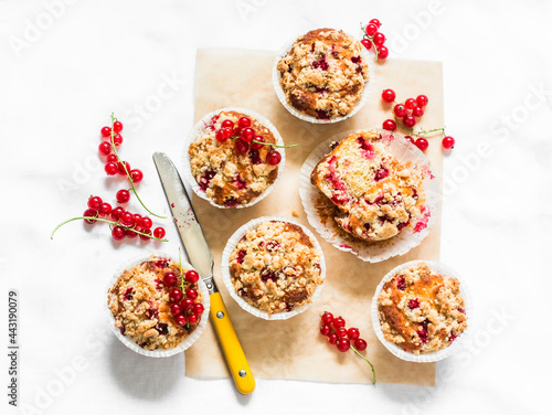 Red currant vanilla mini oatmeal cakes with sugar crumble on a light background, top view