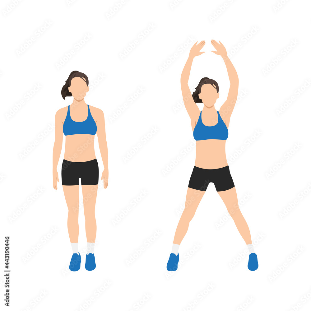 Woman doing Jumping jacks exercise. Flat vector illustration isolated on white background Woman doing Jumping jacks exercise. Flat vector illustration isolated on white background
