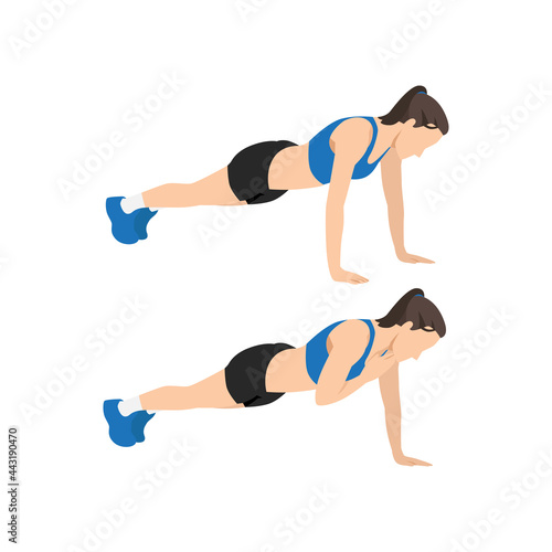 Woman doing Plank shoulder taps exercise. Flat vector illustration isolated on white background