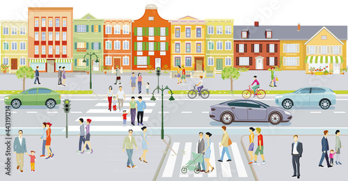 Stadt mit Häusern und Verkehr, Fußgänger auf dem Bürgersteig – Illustration photo