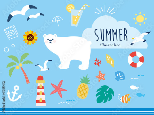 オシャレで可愛い夏モチーフのイラスト 手書き トロピカル 南国 ハワイ ファッション 旅行 ひまわり シロクマ Fashionable And Cute Summer Motif Illustrations Handwritten Tropical Southern Hawaii Fashion Travel Sunflower Sea Marine Vector