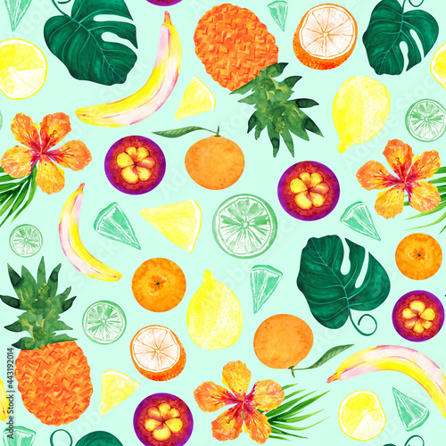 Fototapeta Naklejka Na Ścianę i Meble -  Tropical fruits, hibiscus flowers and palm leaves seamless watercolor pattern. Mint color background. Summer colorful print.
