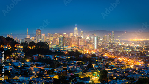 San Francisco, California, USA - August 2019: San Francisco downtown cityscape at night