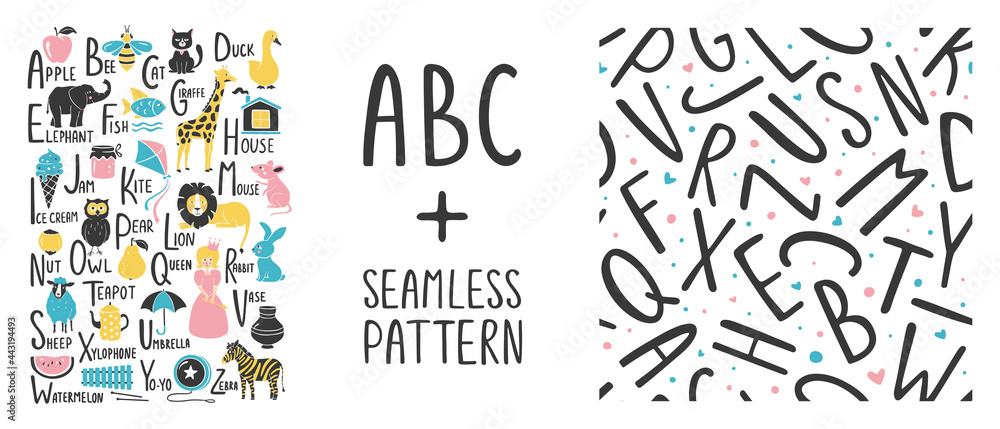Cute ABC set. Bright English alphabet for children with seamless pattern. Funny vector illustrations and handwritten letters