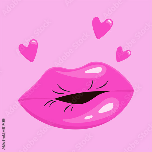 Color illustration of voluminous plump lips. Bright tender lips with hearts for Kissing Day. Air kiss. Template for postcards, banners, printing. Vector for Valentine's Day on a pink background.