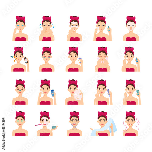 Care and Procedures for the Skin and Face. Cute Lady Remove Makeup, Washes, Applies a Cream and Uses a Mask for the Health and Beauty. Flat Color Cartoon Style. White background. Vector illustration.