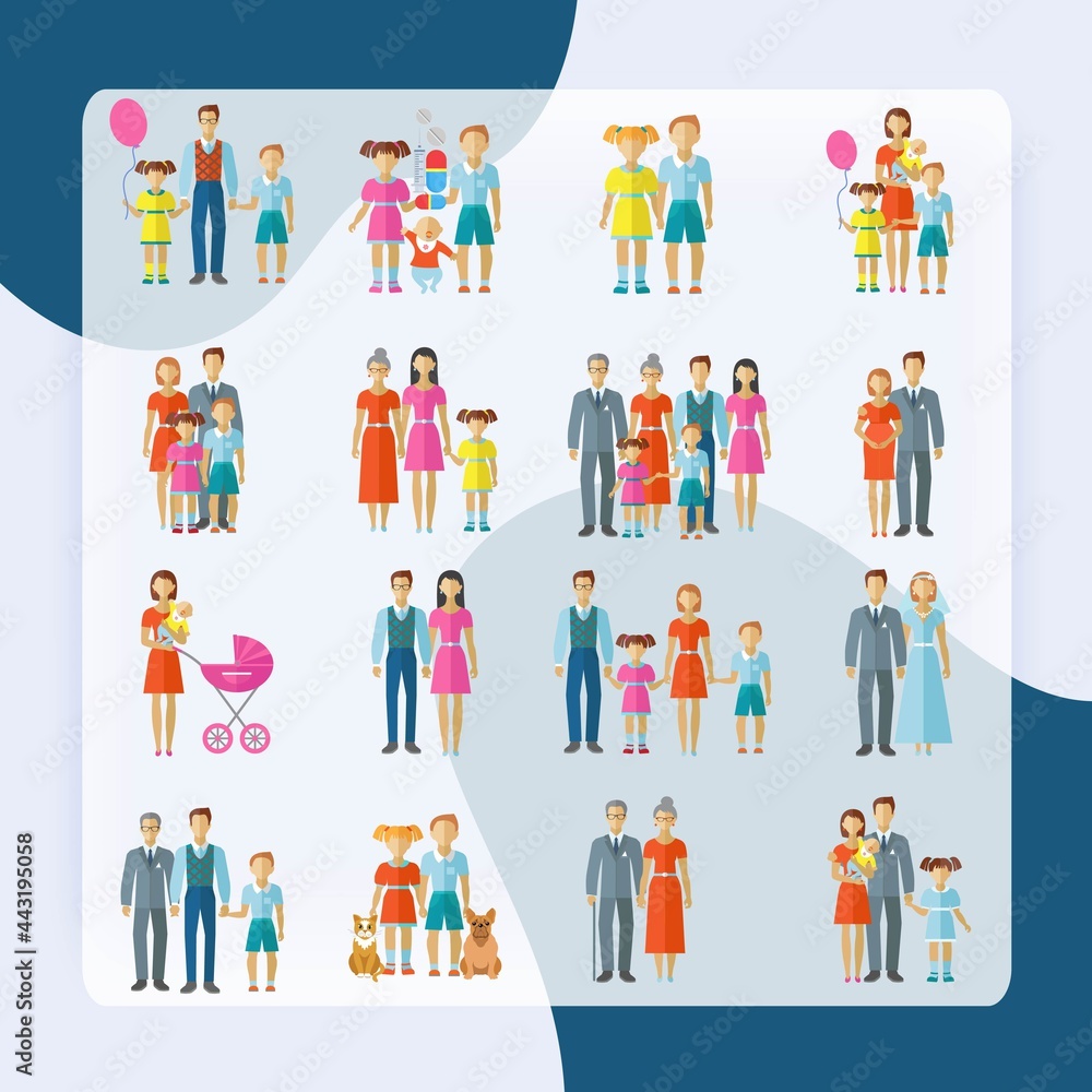 Family icons flat set with married couple children and pets avatars isolated vector illustration