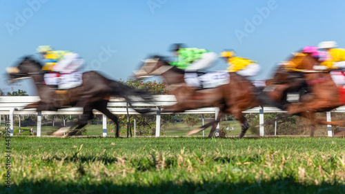 Horse Racing Blurred Motion Speed Horses Jockeys Close Up Action