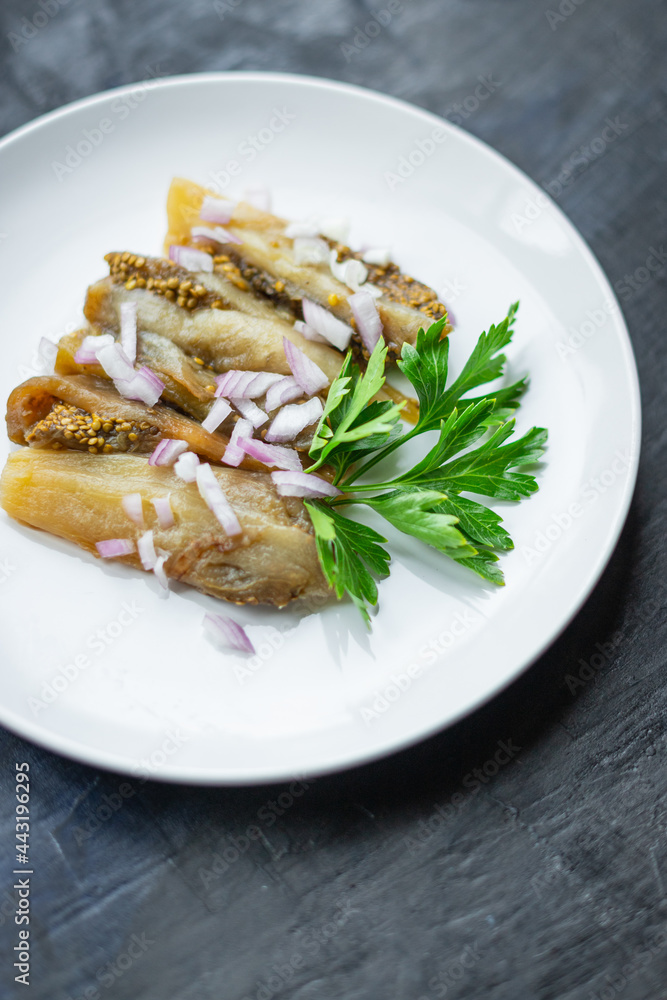 eggplant salad snack pickled vegetable on the table healthy food meal copy space food background rustic. top view veggie vegan or vegetarian food 