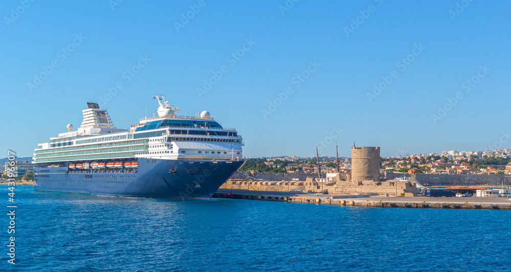 Rodes, GREECE - MAY 2019: Costa NeoClassica Cruise Ship leaving the port of Rhodes, Greece