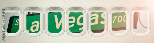 Beautiful scenic view of Las Vegas Boulevard street sign through the aircraft windows