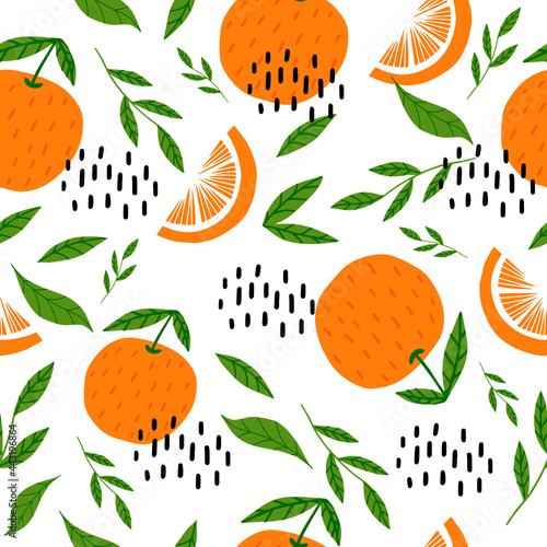 Seamless pattern with orange and leaves.Vector illustration with oranges for decorating dresses, clothes, fabrics, wallpapers. Flat doodle style. Hand-drawn. A sweet fruit for decorating a cafe