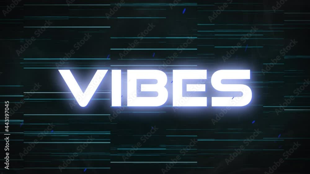 Animation of text vibes, in white, with blue and white lines on black background Animation of text vibes, in white, with blue and white lines on black background