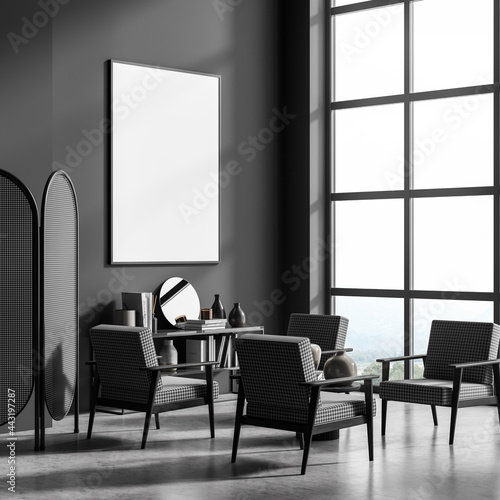 Corner of panoramic interior with poster, devider and chairs, dark grey photo