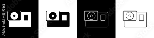 Set Action extreme camera icon isolated on black and white background. Video camera equipment for filming extreme sports. Vector
