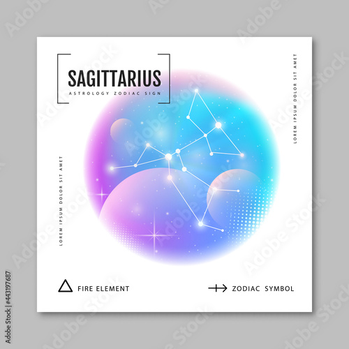 Modern magic witchcraft card with astrology Sagittarius zodiac constellation on holographic flow background