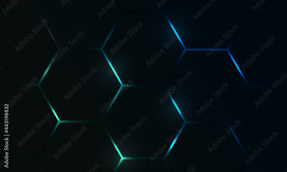 Dark hexagon gaming abstract vector background with blue and green colored bright flashes. Vector illustration. - obrazy, fototapety, plakaty 