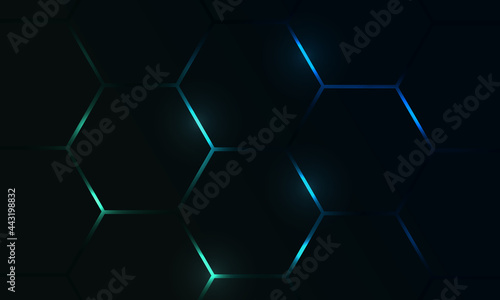 Dark hexagon gaming abstract vector background with blue and green colored bright flashes. Vector illustration.